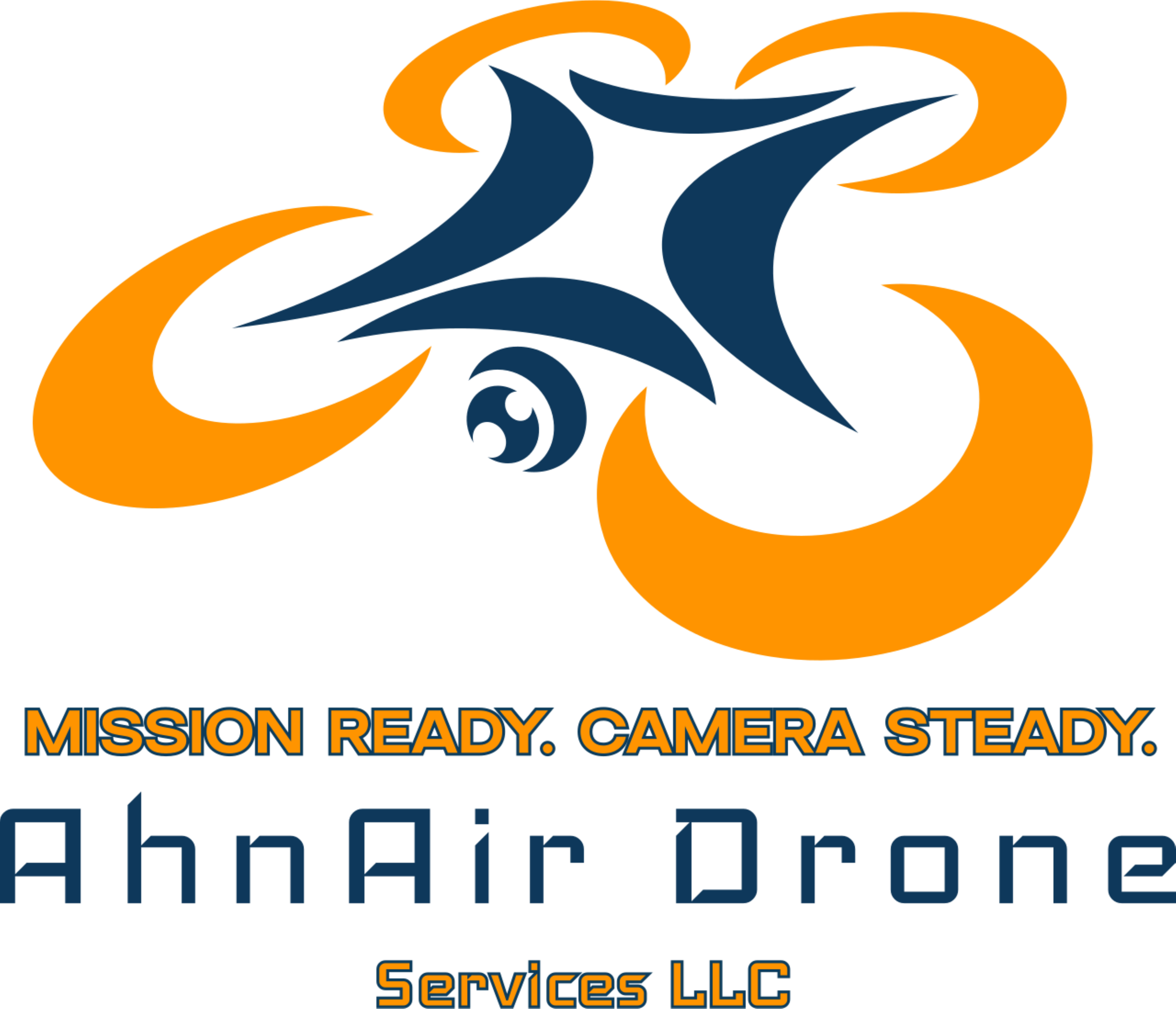 Logo featuring a stylized drone with three curved orange shapes and a dark blue body. Text reads "MISSION READY. CAMERA STEADY. AhnAir Drone Services LLC."