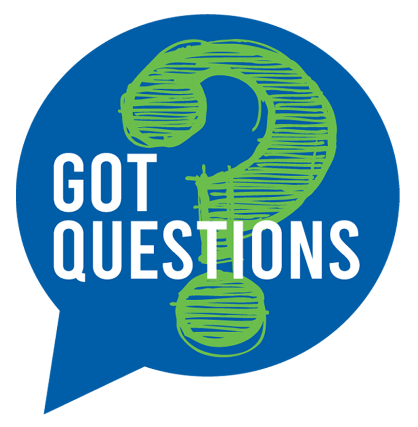 A blue speech bubble with a green question mark. Inside the bubble are the words "GOT QUESTIONS" in white text, with the word "IT" in green vertically aligned in the middle.