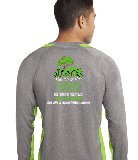 Back of a gray long-sleeve athlete shirt with green accents and a logo for JNR Lawncare Services, featuring a tree illustration, contact information, and social media details.