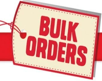 Large red text saying "BULK ORDERS" on a cream-colored sign with red borders and tags, indicating bulk purchasing or ordering.