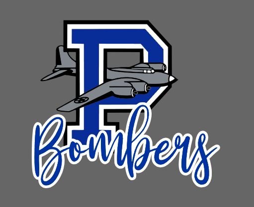 A logo with a large blue letter D, a military jet plane flying across it, and the word "Bombers" written in cursive at the bottom.