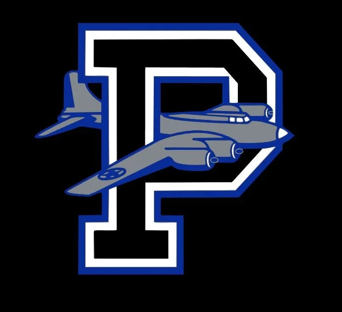 Logo with a large letter 'P' featuring two fighter jets flying through it, in blue, black, and white colors.