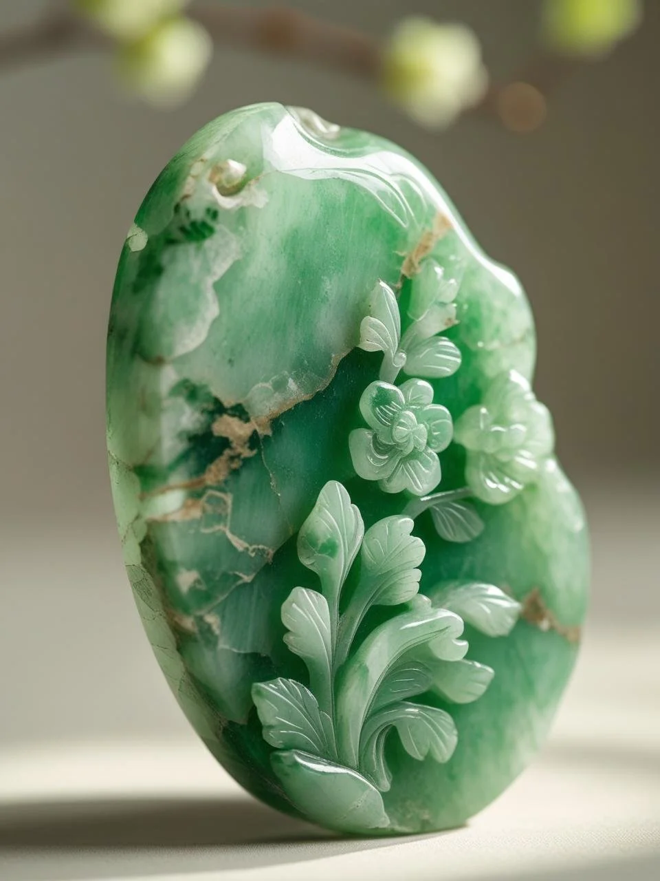Close-up of a green jade carving with floral and leaf patterns.