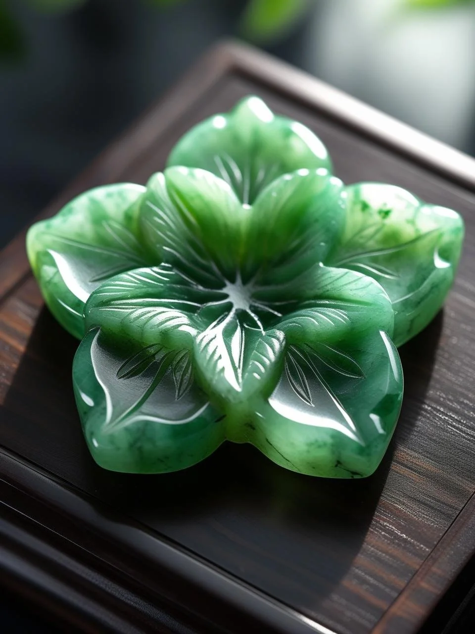 A green jade carved flower-shaped object with intricate leaf details, placed on a dark wooden surface.