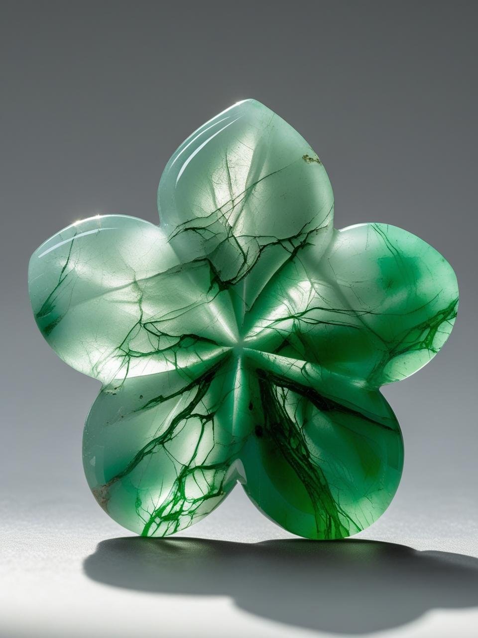A green, flower-shaped marble with dark green veining and a shiny surface, casting a shadow on a gray background.