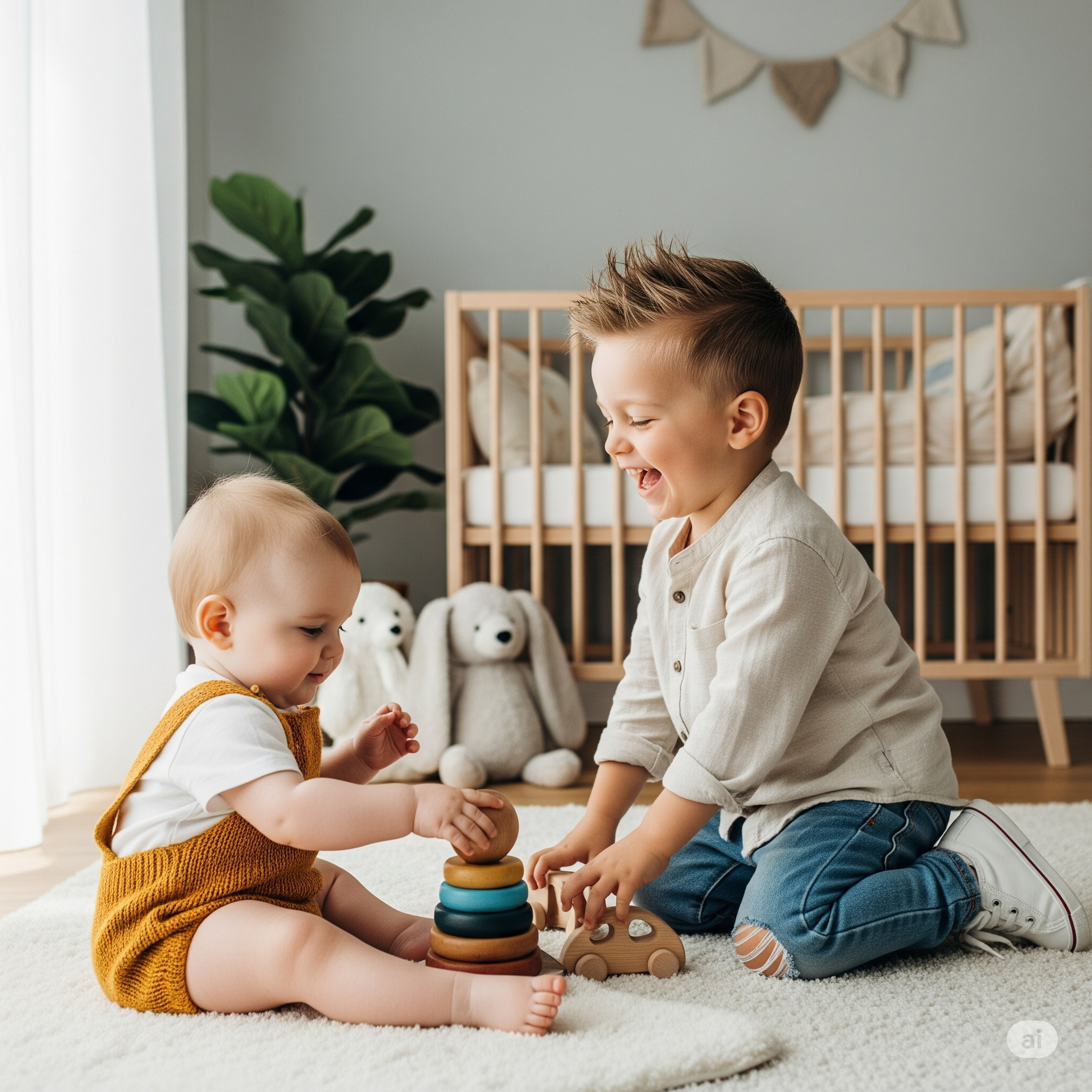Two young children, a toddler girl and a boy, playing with stacking toys and a wooden car in a nursery with a crib, plush toys, and a large plant in the background.
