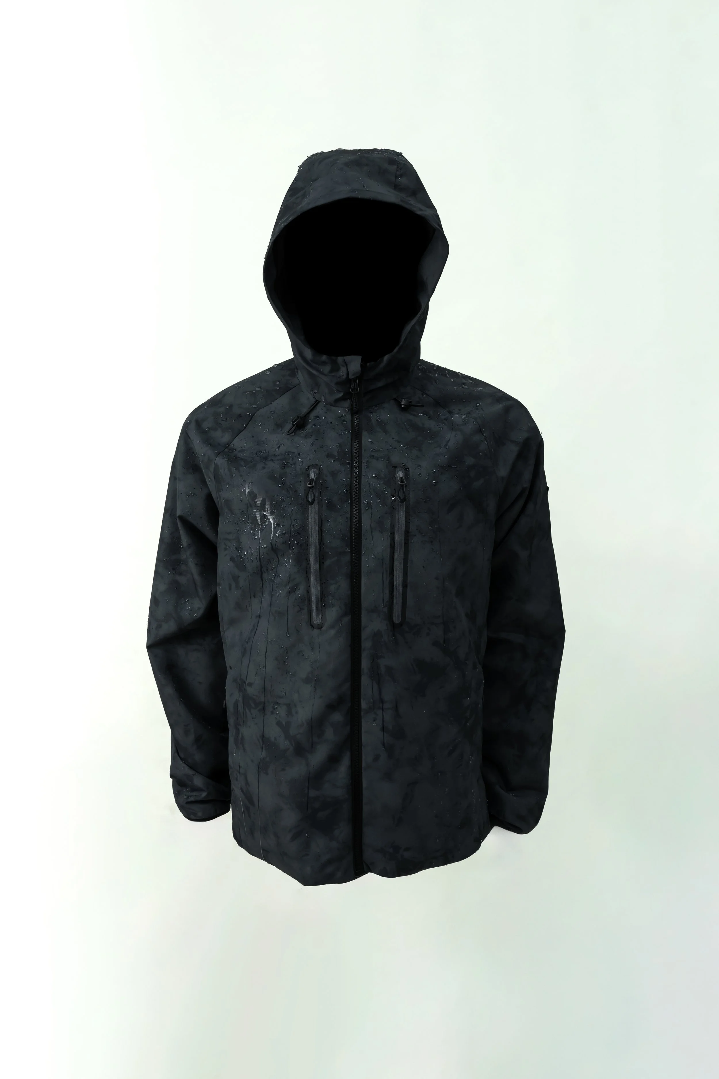 Black waterproof jacket with hood, standing against a plain white background.