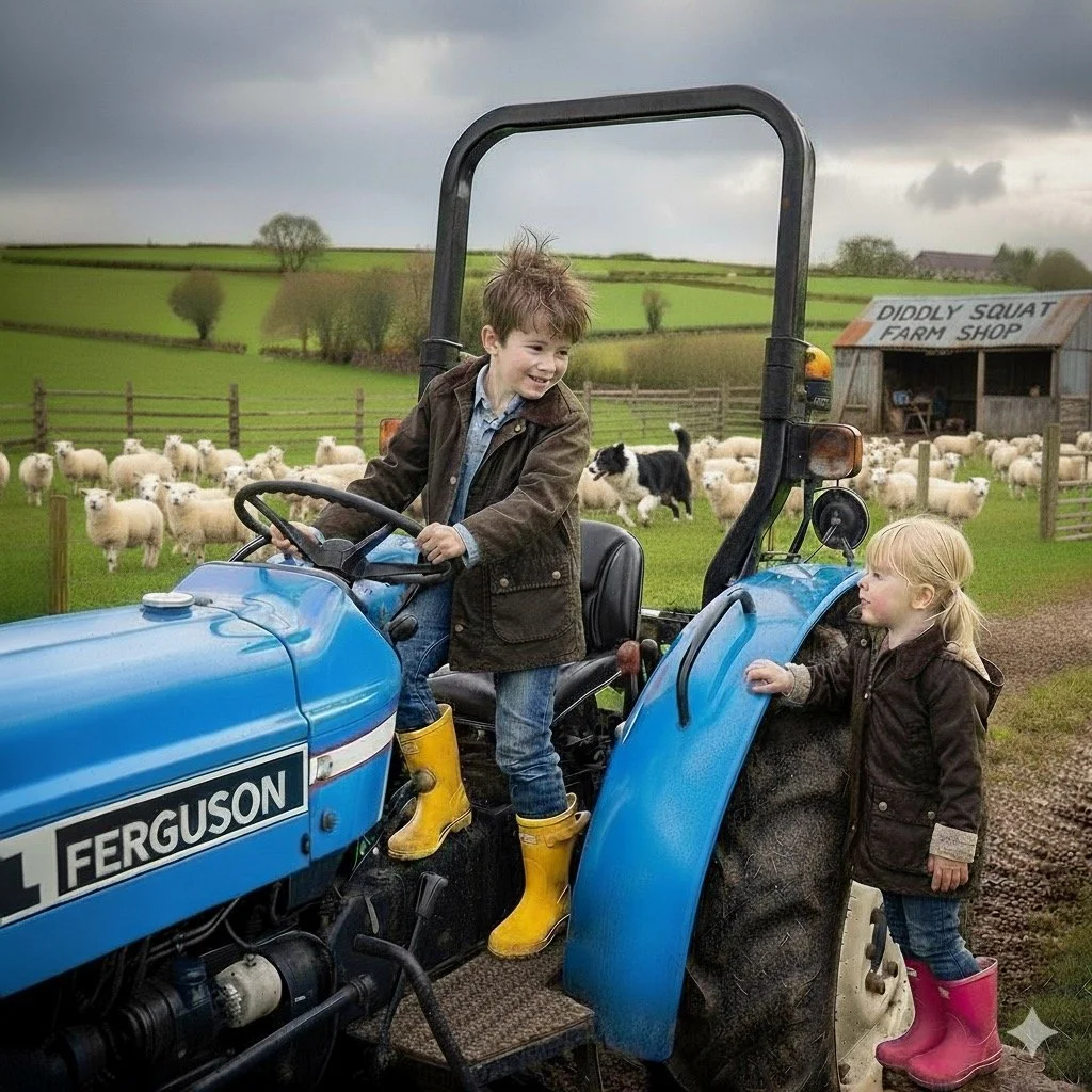 Two children, a boy and a girl, playing on a blue Ferguson tractor on a farm with sheep in the background. The boy is sitting on the tractor steering wheel wearing yellow boots, and the girl is standing beside it, reaching up to hold the tractor. The scene is cloudy, with a farm shop in the background.