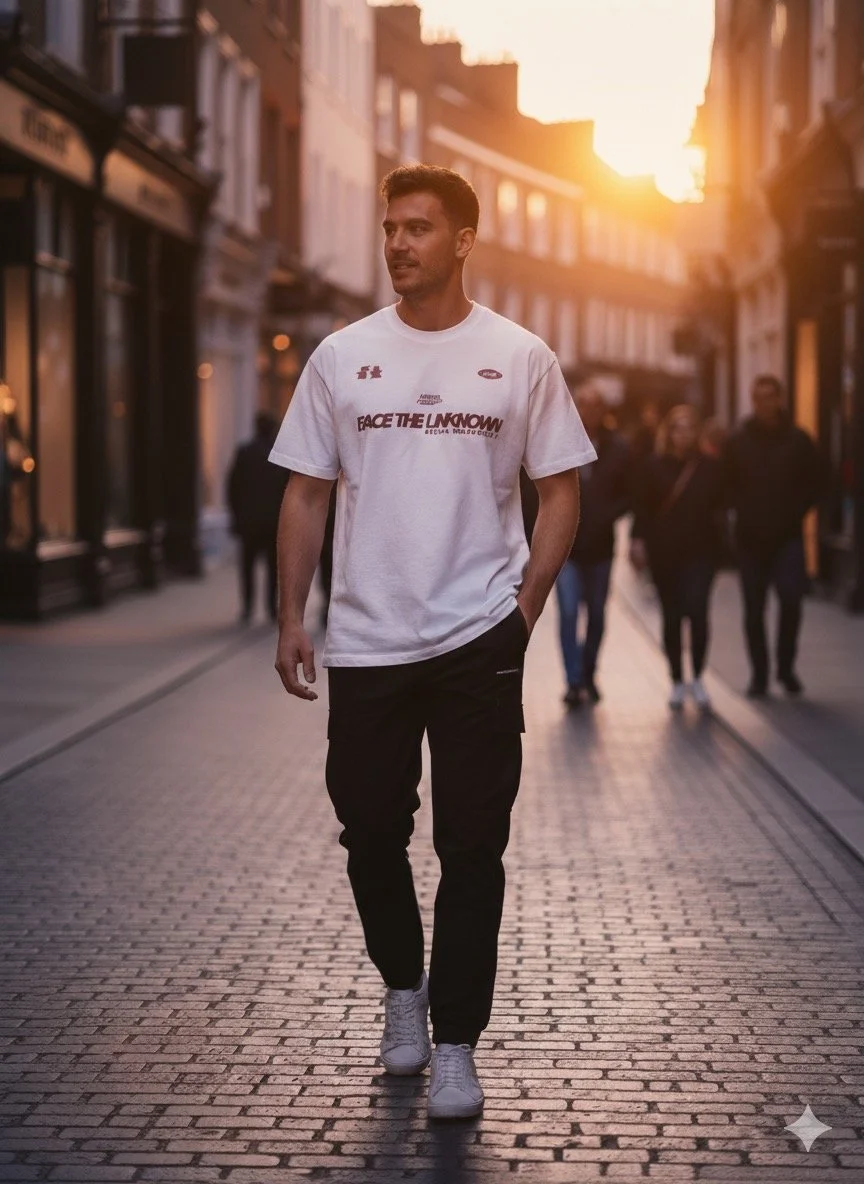 A man walking on a cobblestone city street during sunset, wearing a white T-shirt and black pants.