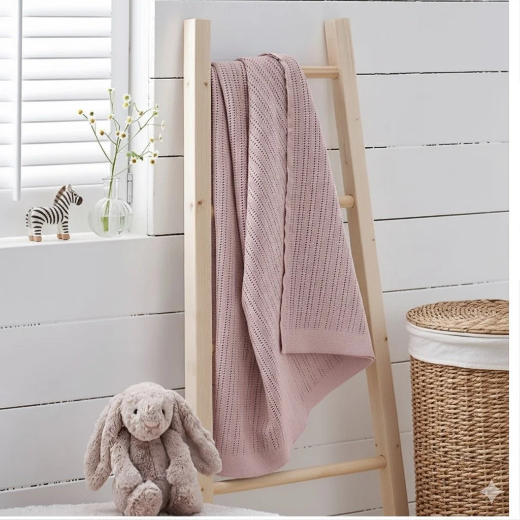 Pink knitted blanket draped over a wooden ladder near a white wall with white window shutters, a small decorative zebra and a vase with white flowers on the window ledge, a plush bunny toy on the carpeted floor, and a woven laundry basket with a white cloth liner.