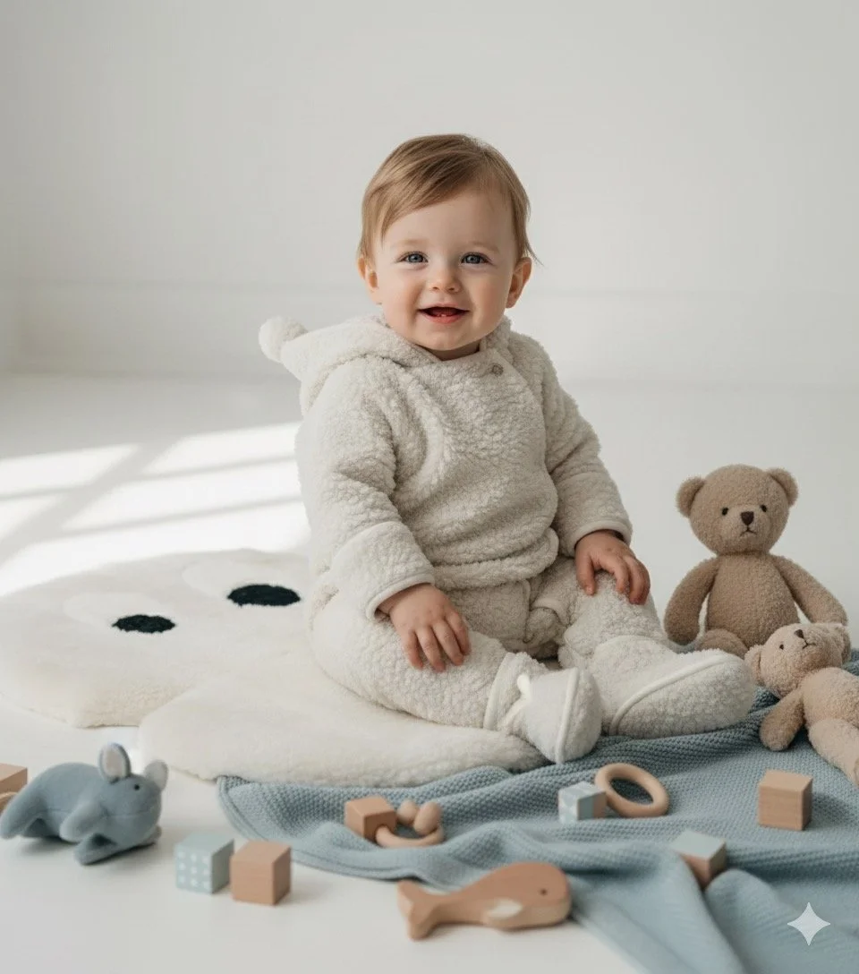 A baby sitting on a blue blanket surrounded by toys including plush teddy bears, a plush mouse, wooden blocks, and wooden rings, with a polka dot plush pillow in the background.