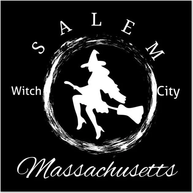 Black and white logo with a witch on a broomstick inside a circular brushstroke, surrounded by the text 'SALE M' at the top, and 'Witch City' at the bottom, with 'Massachusetts' written in cursive below.
