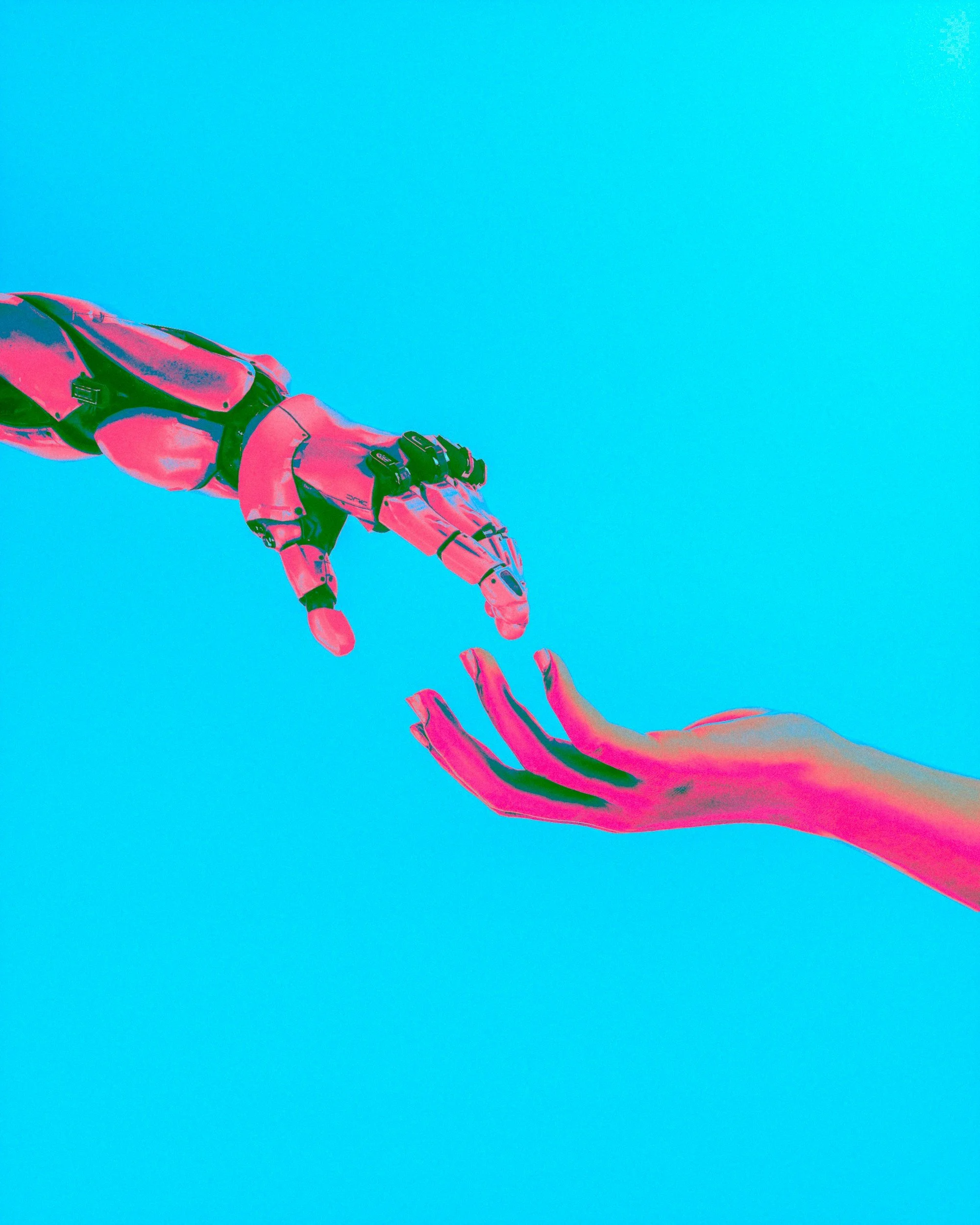 AI hand and human hand touching, symbolising collaboration in paid social marketing