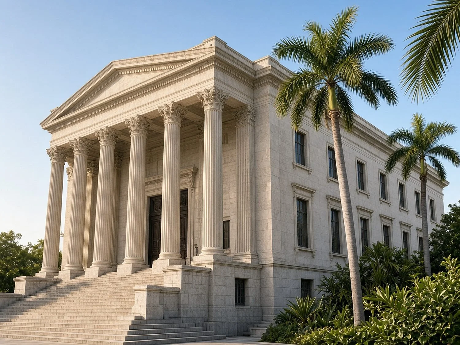 Stone courthouse with tall columns and palm trees in morning light