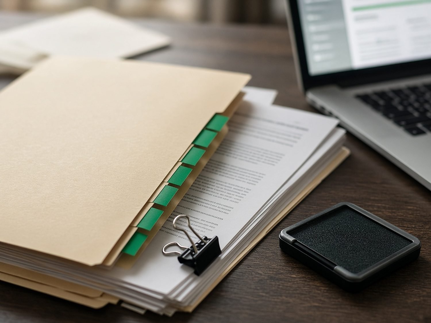 Tabbed litigation folder and stack of documents being prepared beside a laptop