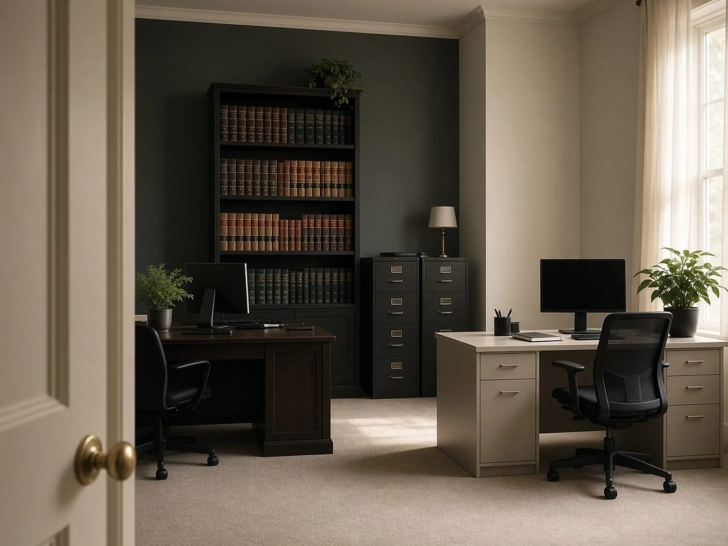 Quiet small law firm office with two desks, filing cabinets and shelves of legal reference books