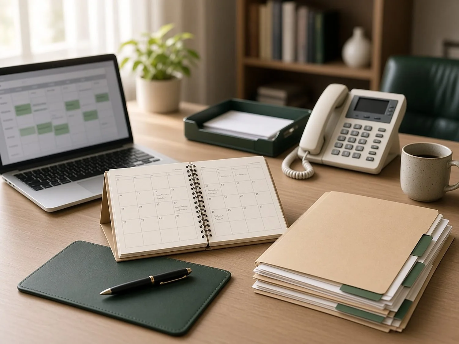 Law office desk with an open appointment planner, tabbed client folders, a desk phone and a laptop showing a calendar