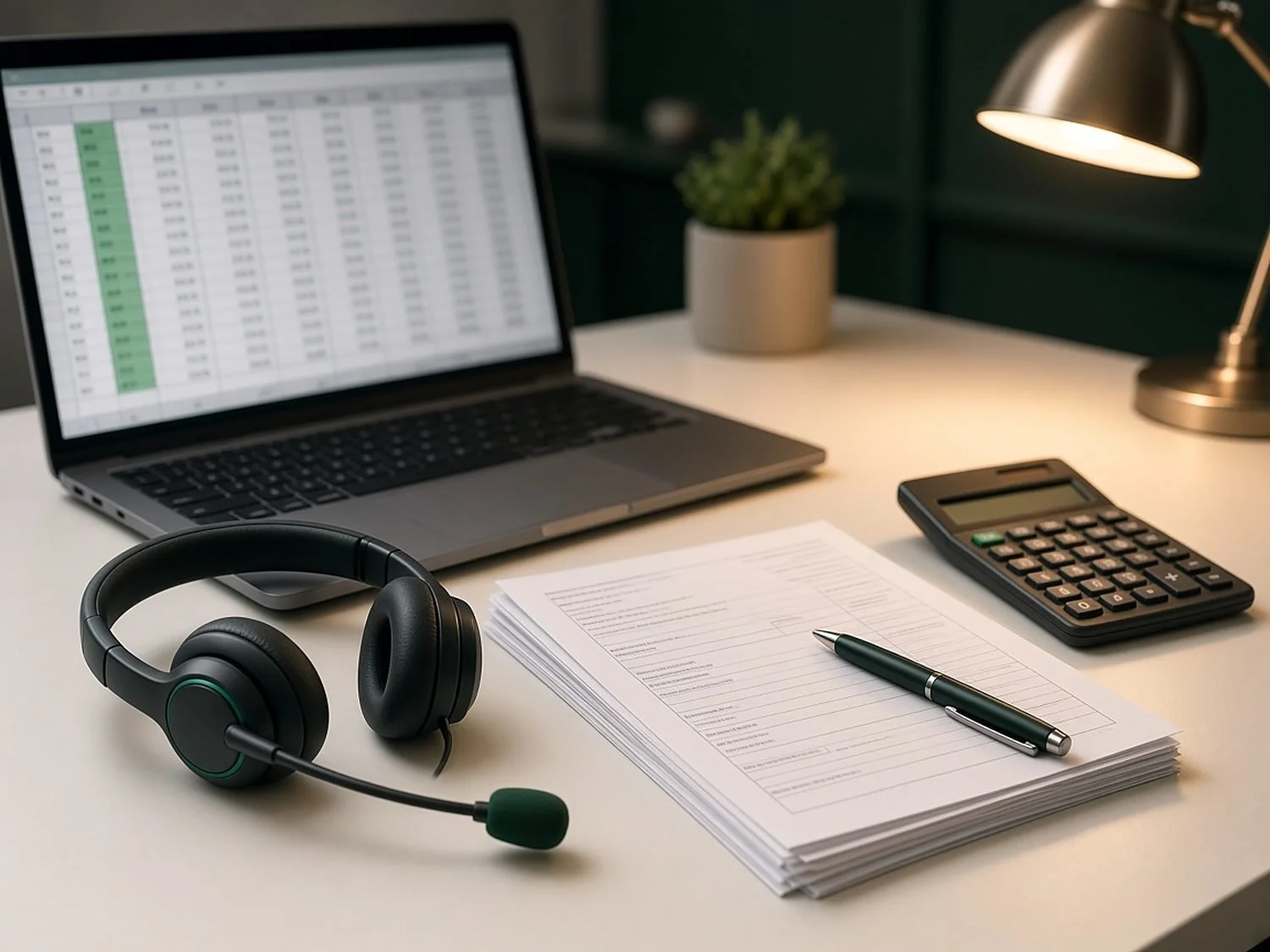 Headset, calculator and paperwork on a desk beside a laptop showing a spreadsheet