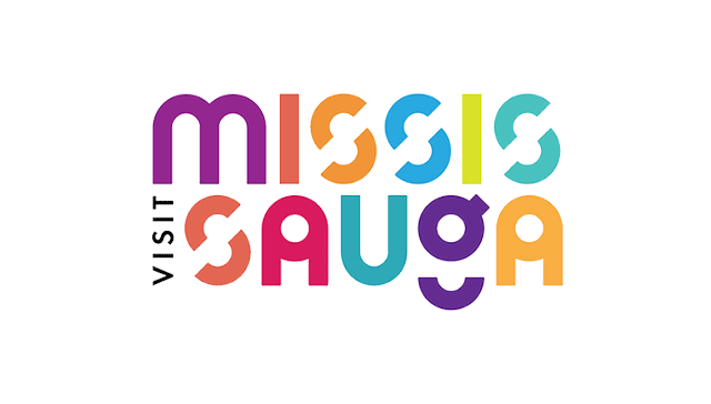 Colorful text that reads 'Visit Mississauga' on a black background.
