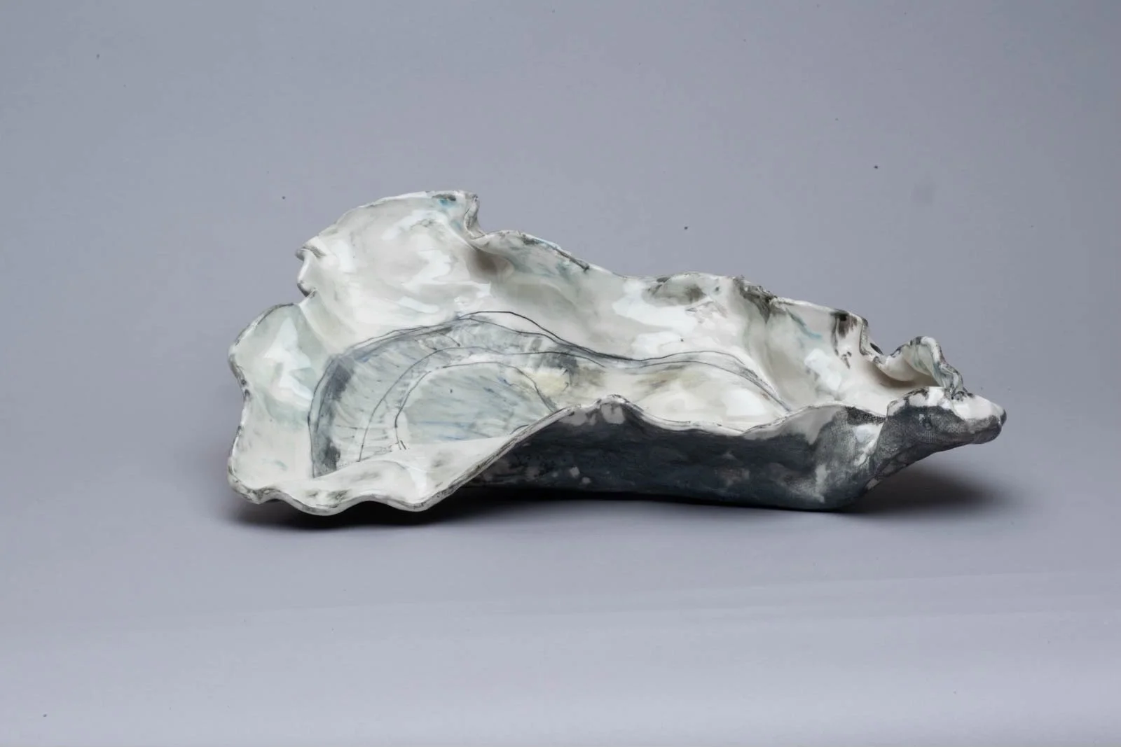 A large, irregularly shaped oyster shell with a multicolored pearlescent interior, set against a plain gray background.