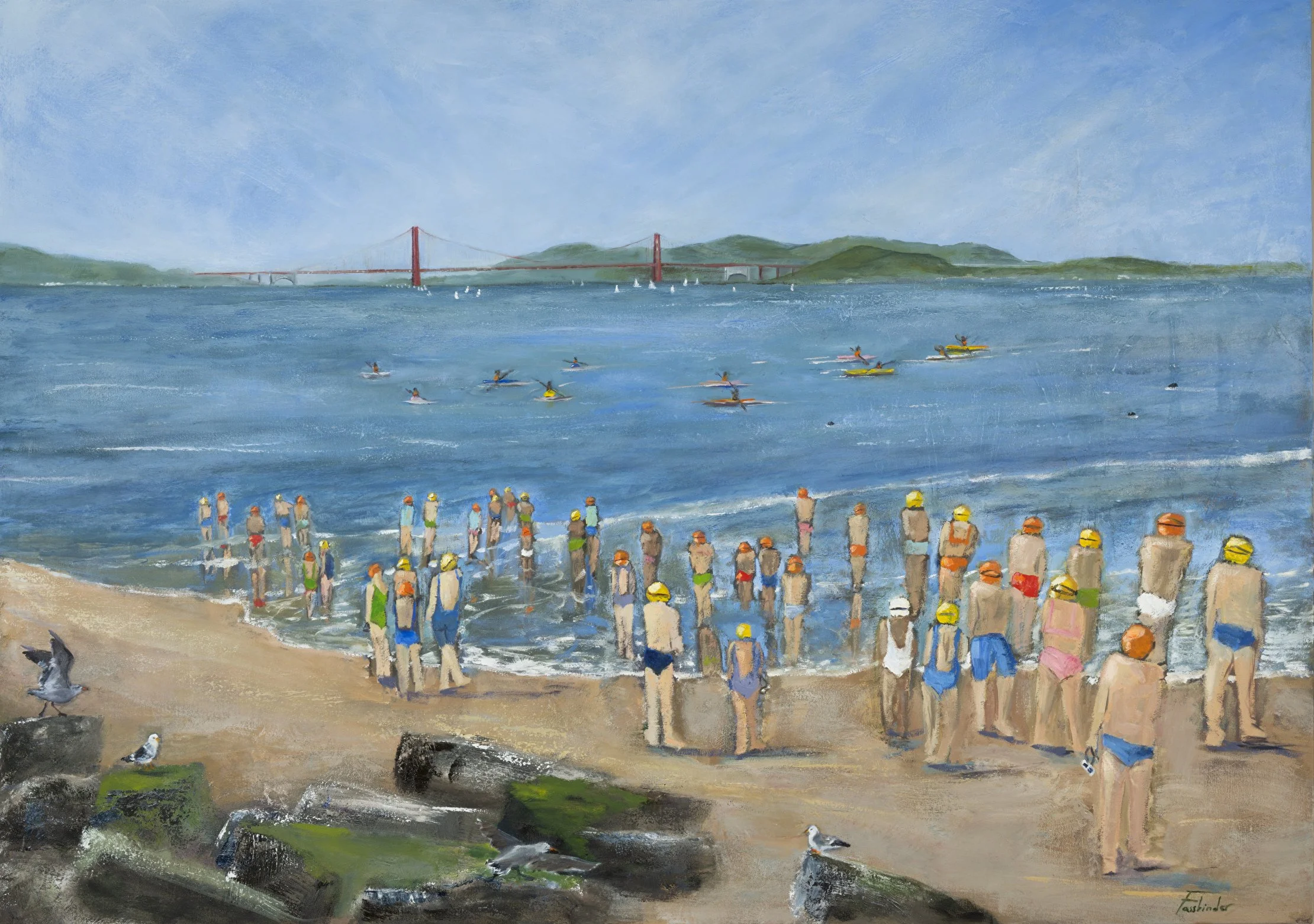 A painting of a beach scene with many people in swimsuits and helmets standing on the sandy shore, some in the water, with sailboats on the water, hills in the background, and a bridge across the water in the distance.