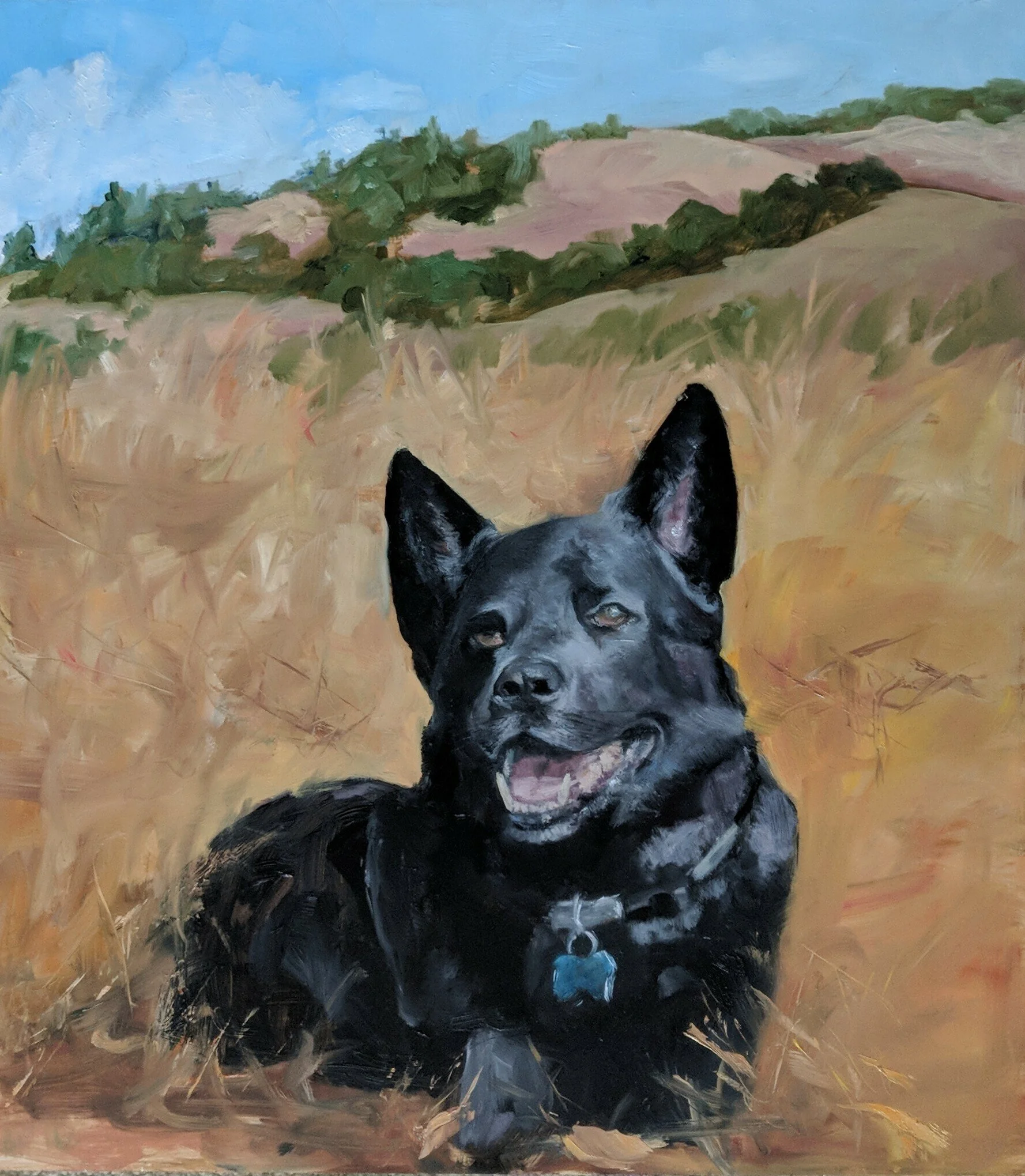 Painting of a happy black dog with pointed ears, lying in a field of tall, dry grass, with a blue sky and green hills in the background.