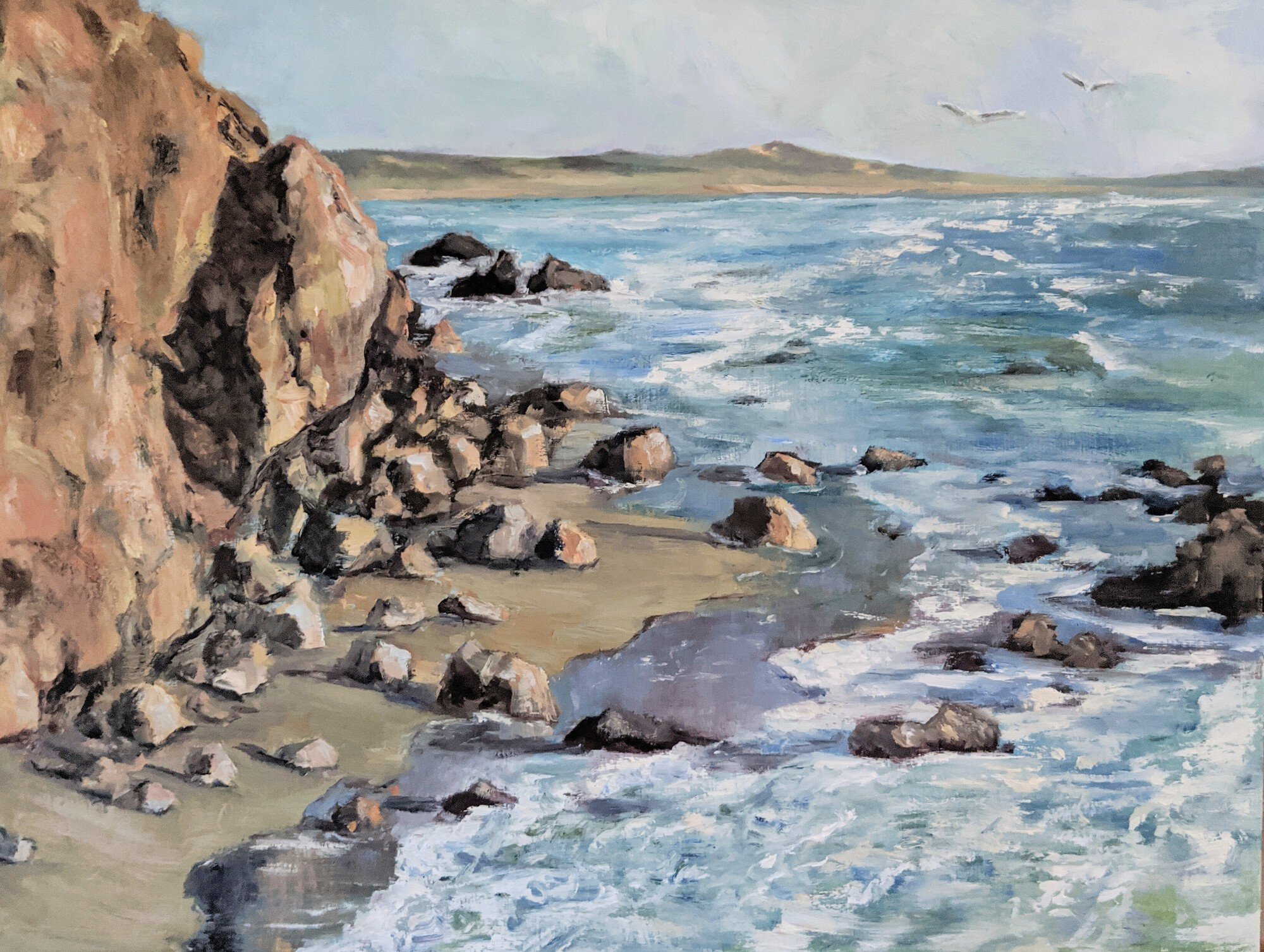 A painting of a rocky beach with a cliff on the left, ocean waves in the middle, and a distant landmass in the background. Seagulls fly in the sky.