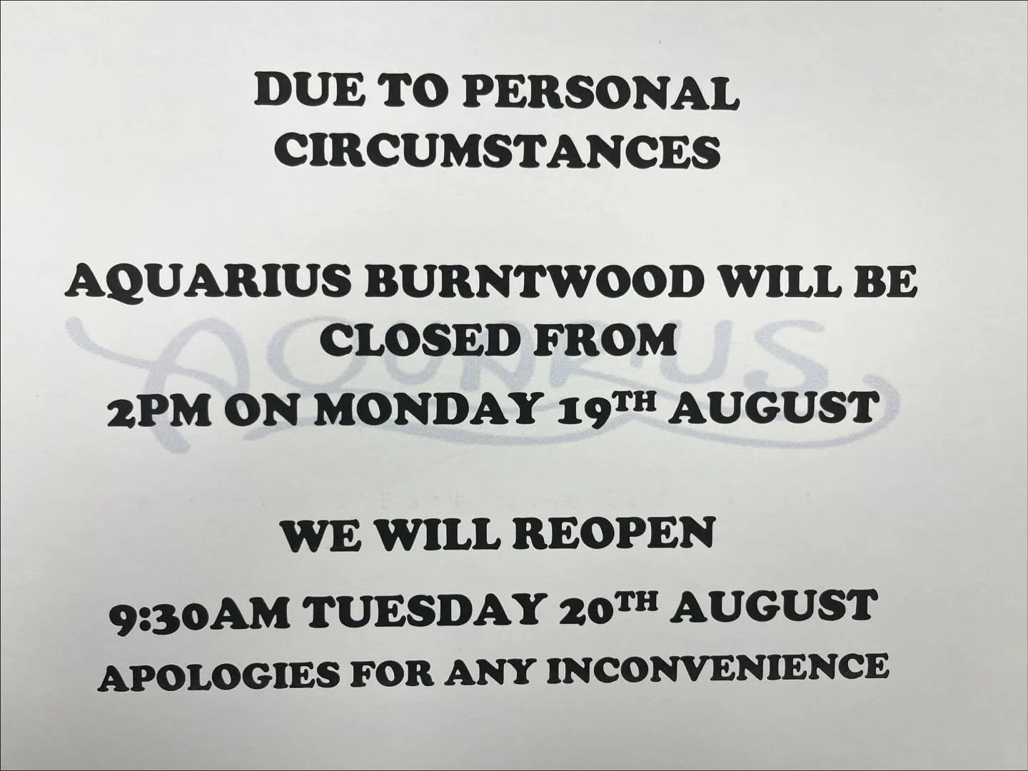 Any queries please contact Mark 07974109257, we will be open as normal on Tuesday 20th August from 9:30am