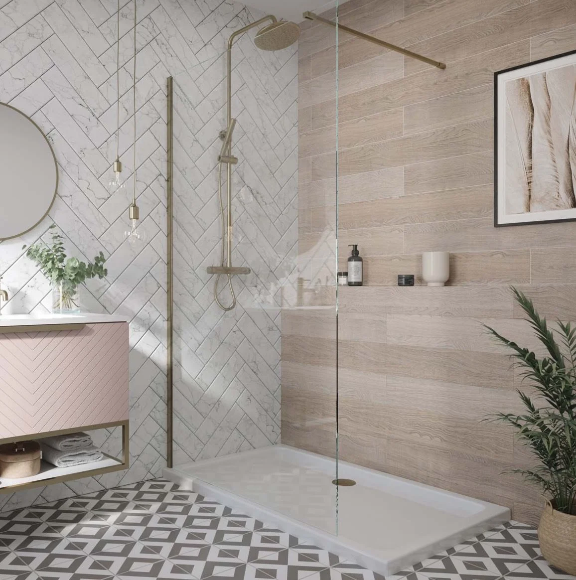 Modern bathroom with a walk-in shower with wood and marble tile walls, patterned floor, floating vanity with towels, mirror, and plants.