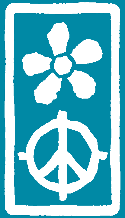 White peace symbol combined with a five-petal flower inside a rectangular frame on a teal background.