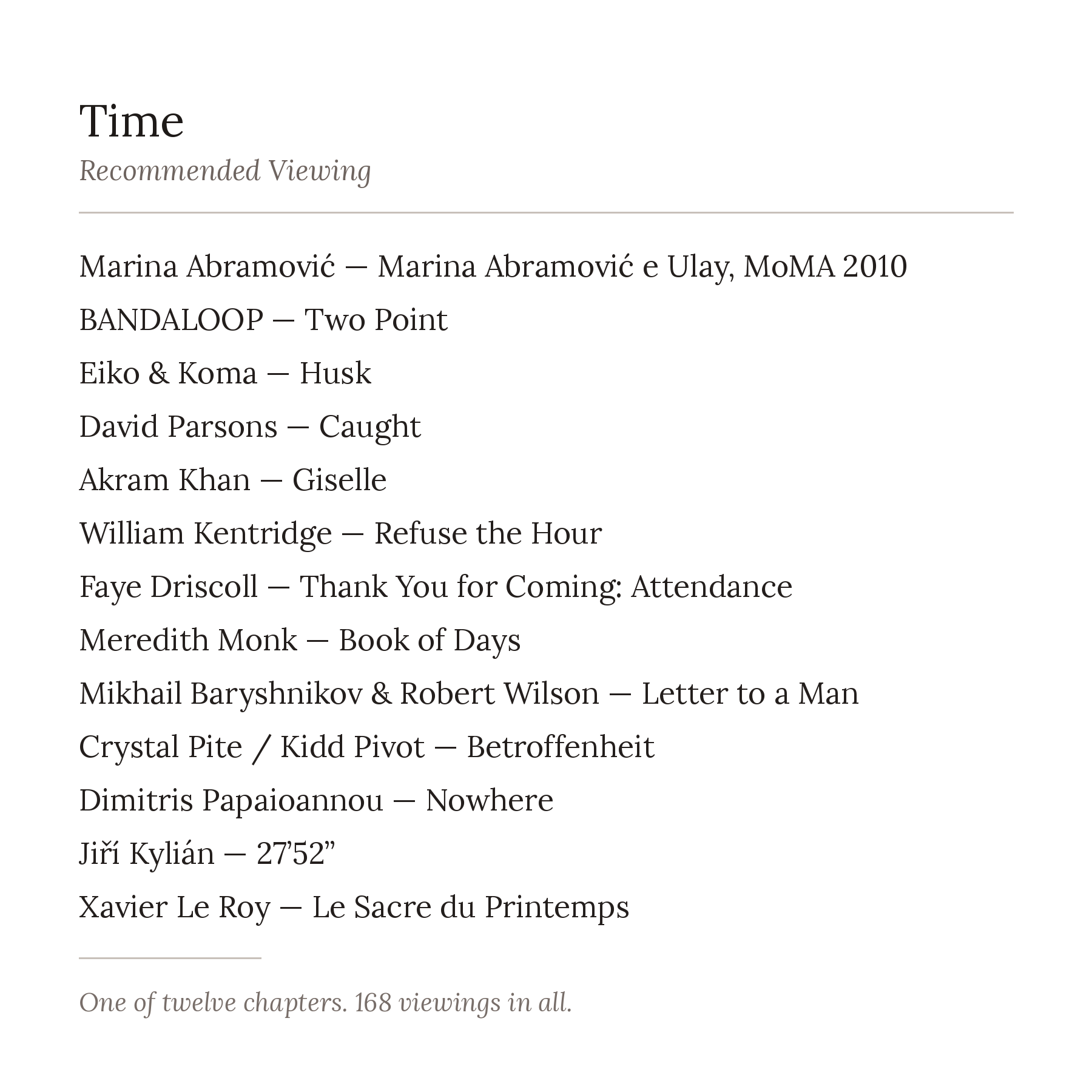 List of art exhibition program with titles, artists, and works, including Marina Abramović, BANDALOOP, Eiko & Koma, David Parsons, Akram Khan, William Kentridge, Faye Driscoll, Meredith Monk, Mikhail Baryshnikov, Dimitris Papaioannou, Jiří Kylián, Xavier Le Roy. The heading is 'Time' with the subtitle 'Recommended Viewing.'