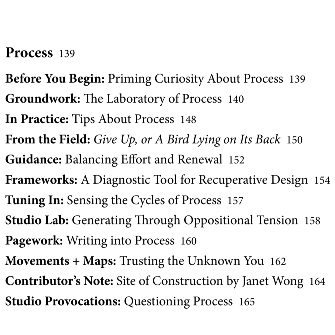 Table of contents for a process book, listing sections with page numbers including 'Before You Begin,' 'Groundwork,' 'In Practice,' 'From the Field,' 'Guidance,' 'Frameworks,' 'Tuning In,' 'Studio Lab,' 'Pagework,' 'Movements + Maps,' 'Contributor’s Note,' and 'Studio Provocations.'