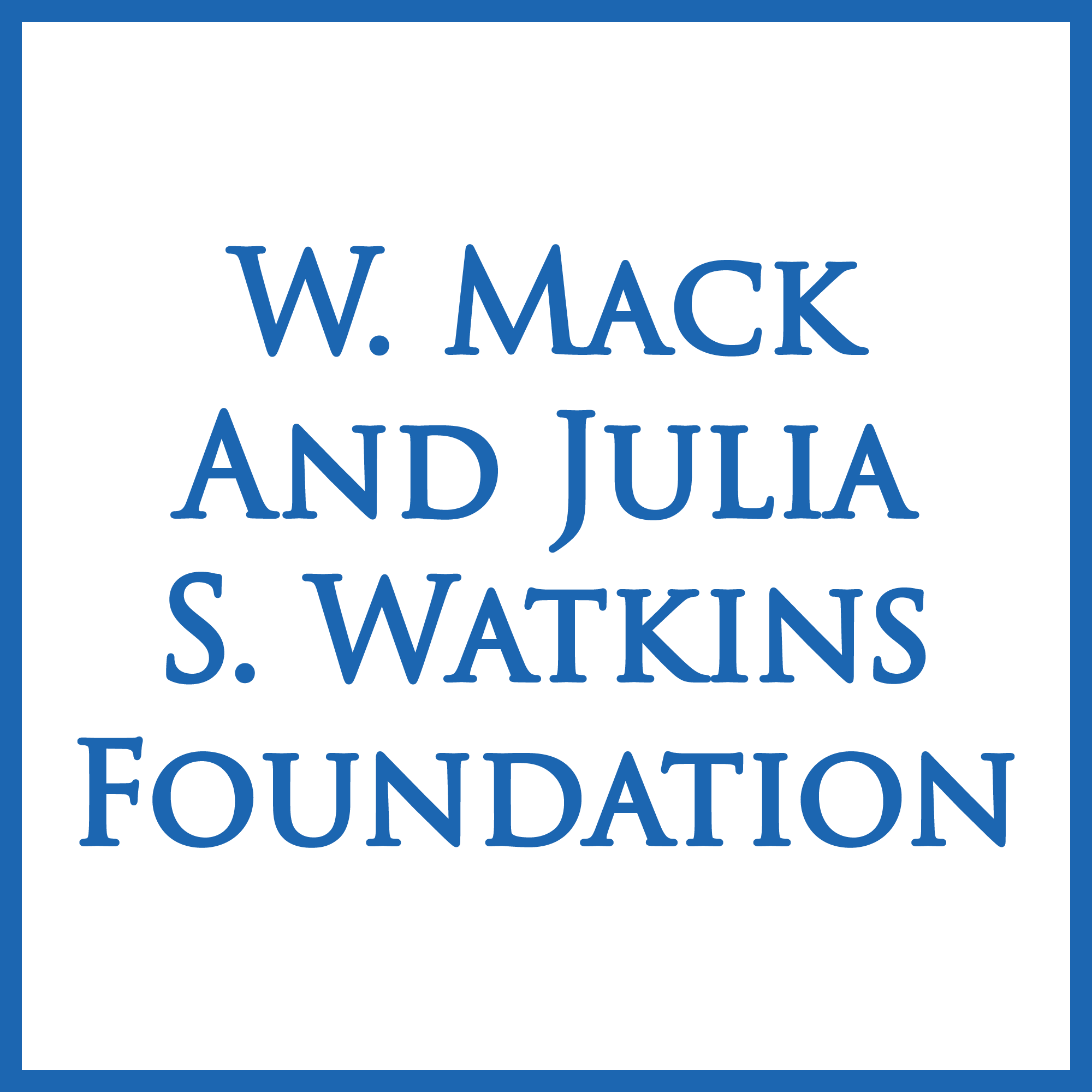 The logo of the W. Mack and Julia S. Watkins Foundation, featuring a black background with blue border and blue text.