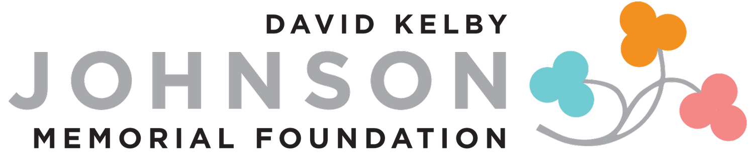 Logo for the David Kelby Johnson Memorial Foundation, featuring the organization's name and a design of three colorful butterflies in orange, blue, and pink with gray stems.