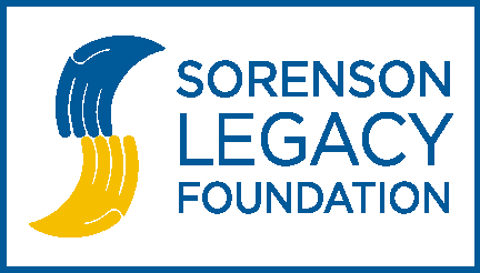 Logo of Sorenson Legacy Foundation featuring a stylized hand in blue and yellow, with the foundation's name in blue text.