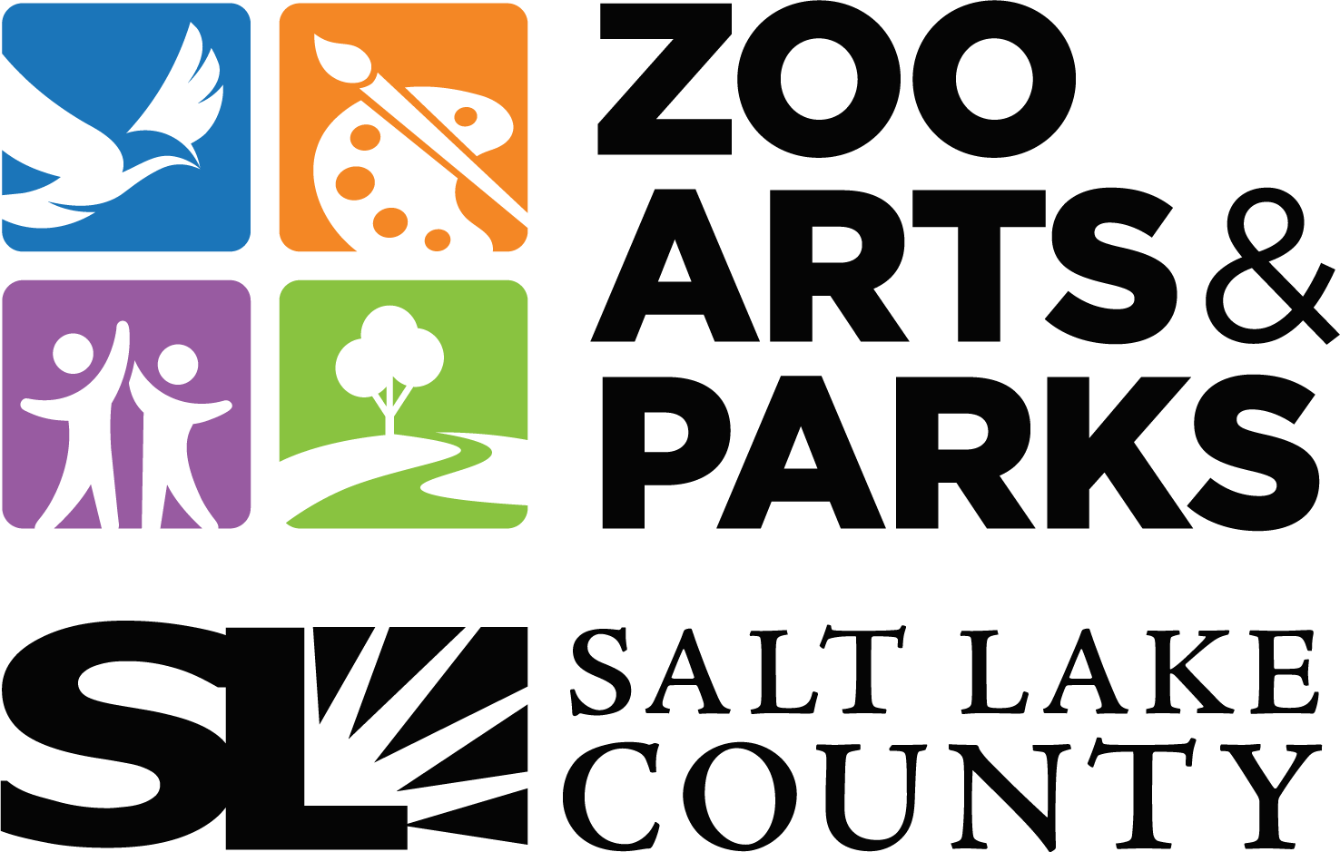 Logo for Salt Lake County Arts & Parks featuring four colorful icons: a bird, a painter's palette, two people dancing, and a tree with a path, alongside text reading 'Zoo Arts & Parks Salt Lake County'.
