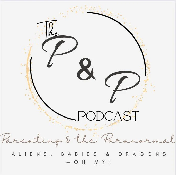 Podcast cover titled "Parenting & the Paranormal," with a circle design and the subtitle "Aliens, Babies & Dragons - Oh My!"