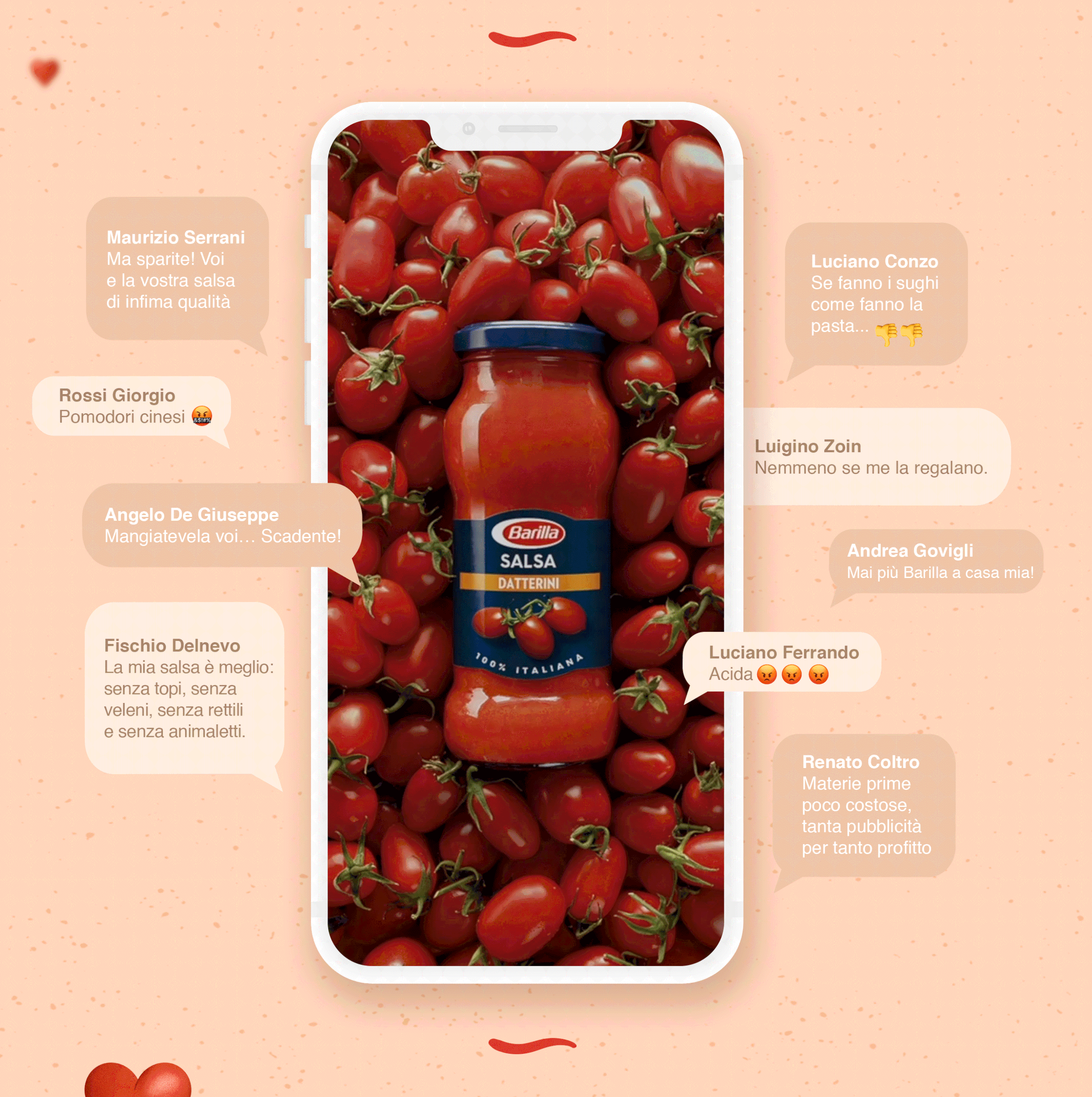 Immagine di una bottiglia di salsa di pomodoro Barilla circondata da pomodorini. Ci sono vari commenti di persone sullo sfondo che hanno opinioni sulla salsa e sui pomodori.