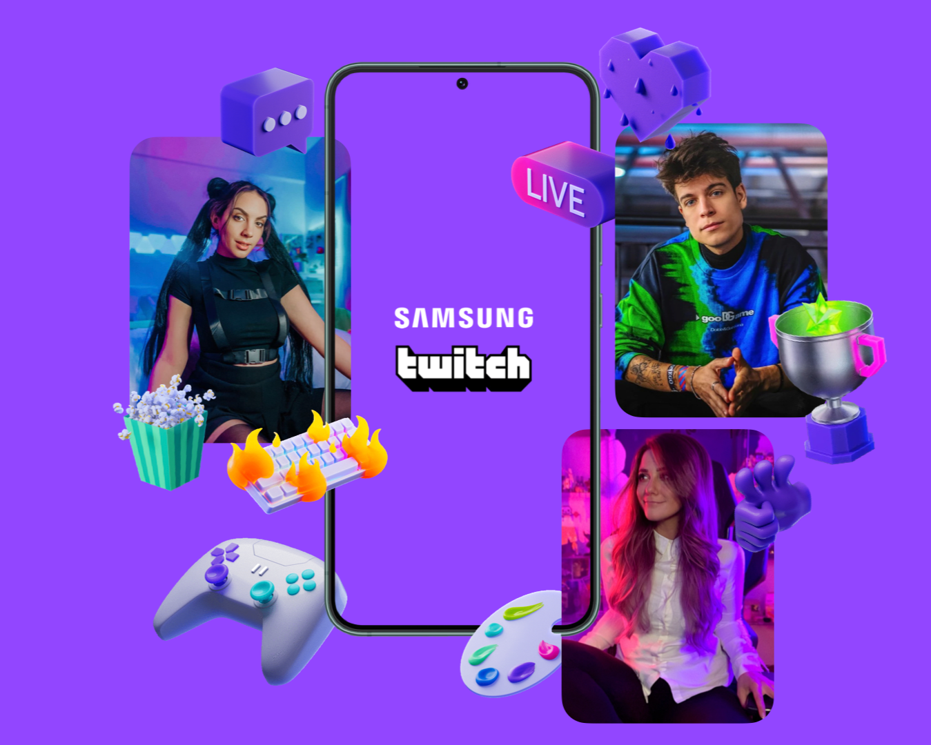 Grafica digitale promozionale per Twitch e Samsung con utenti che giocano e streaming live, icone di gaming, popcorn, controller, trofeo e elementi colorati su sfondo viola.