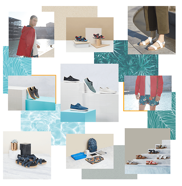 Collage di scarpe estive e accessori moda, con persone che indossano abiti casual in ambientazioni estive e giochi d'acqua.