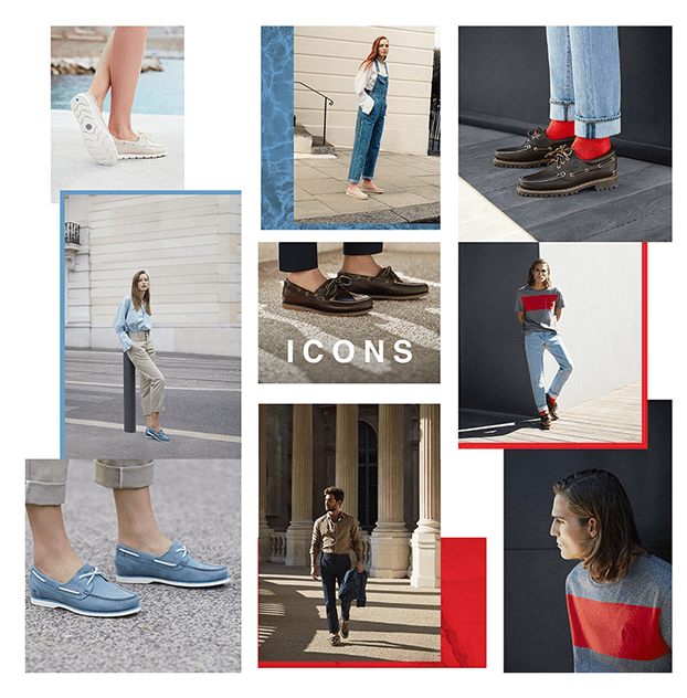 Collage di diverse persone che indossano scarpe e abbigliamento casual, tra cui sneakers, scarponcini, pantaloni, camicie e maglioni, in ambienti urbani e all'aperto.