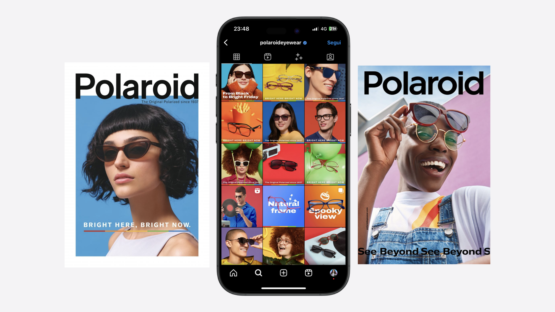 Due riviste Polaroid con copertine di modelli che indossano occhiali da sole e un telefono cellulare al centro con diverse immagini di occhiali da sole digitali.