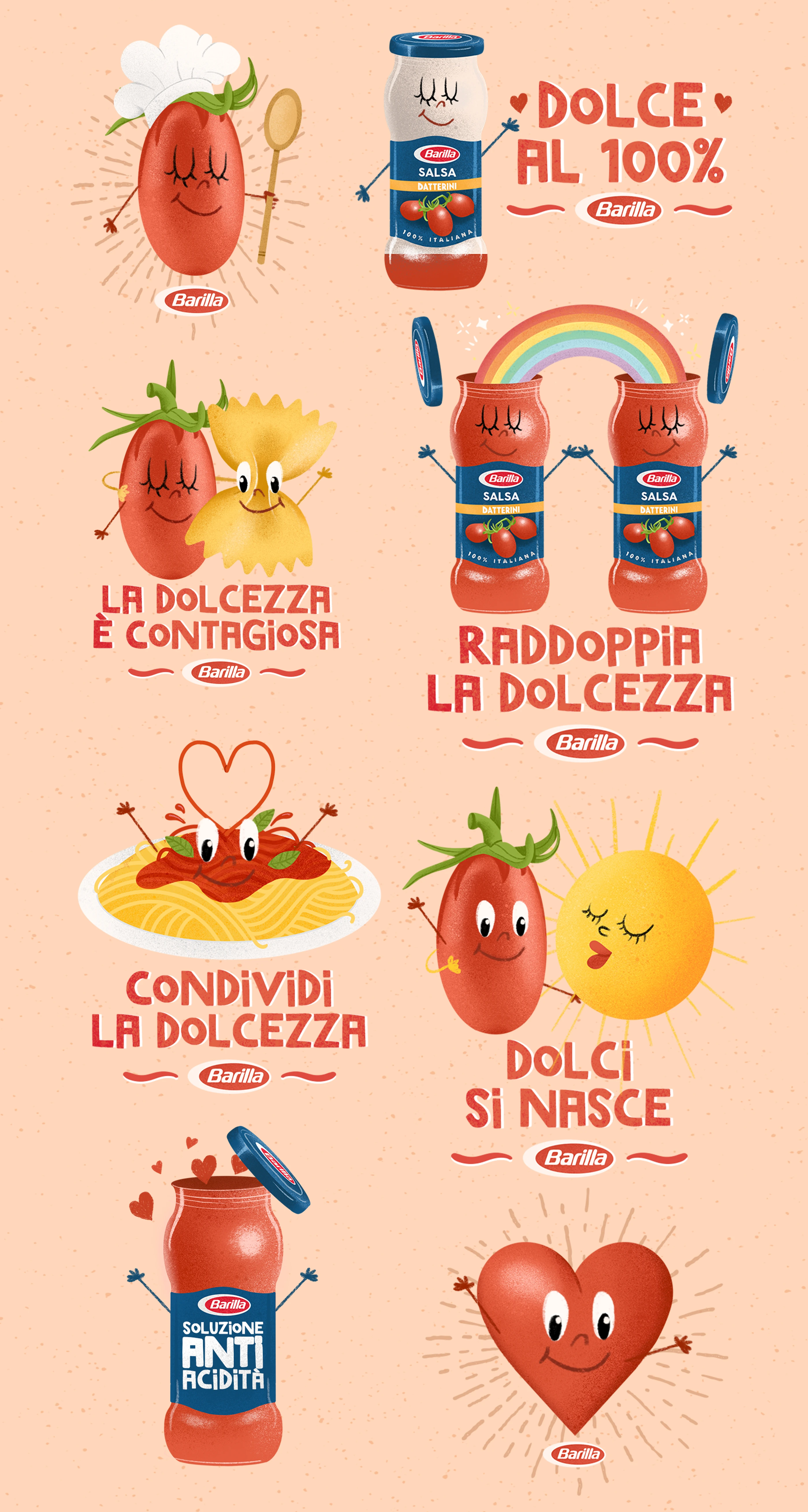 Immagine con vari personaggi cartoon a forma di prodotti Barilla, come salsa, pasta, e cuore, con frasi in italiano che promuovono dolcezza, condivisione e amore.