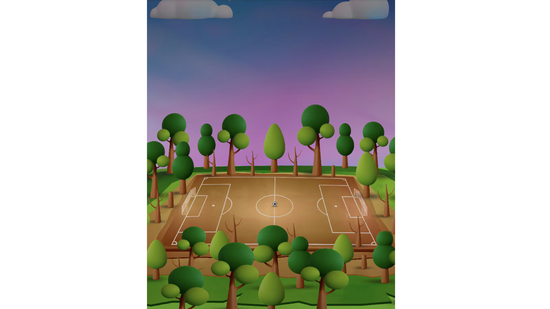 Campo da calcio in un parco con alberi di forme diverse, sotto un cielo con nuvole. L'immagine presenta un'illustrazione 3D di un campo da calcio.