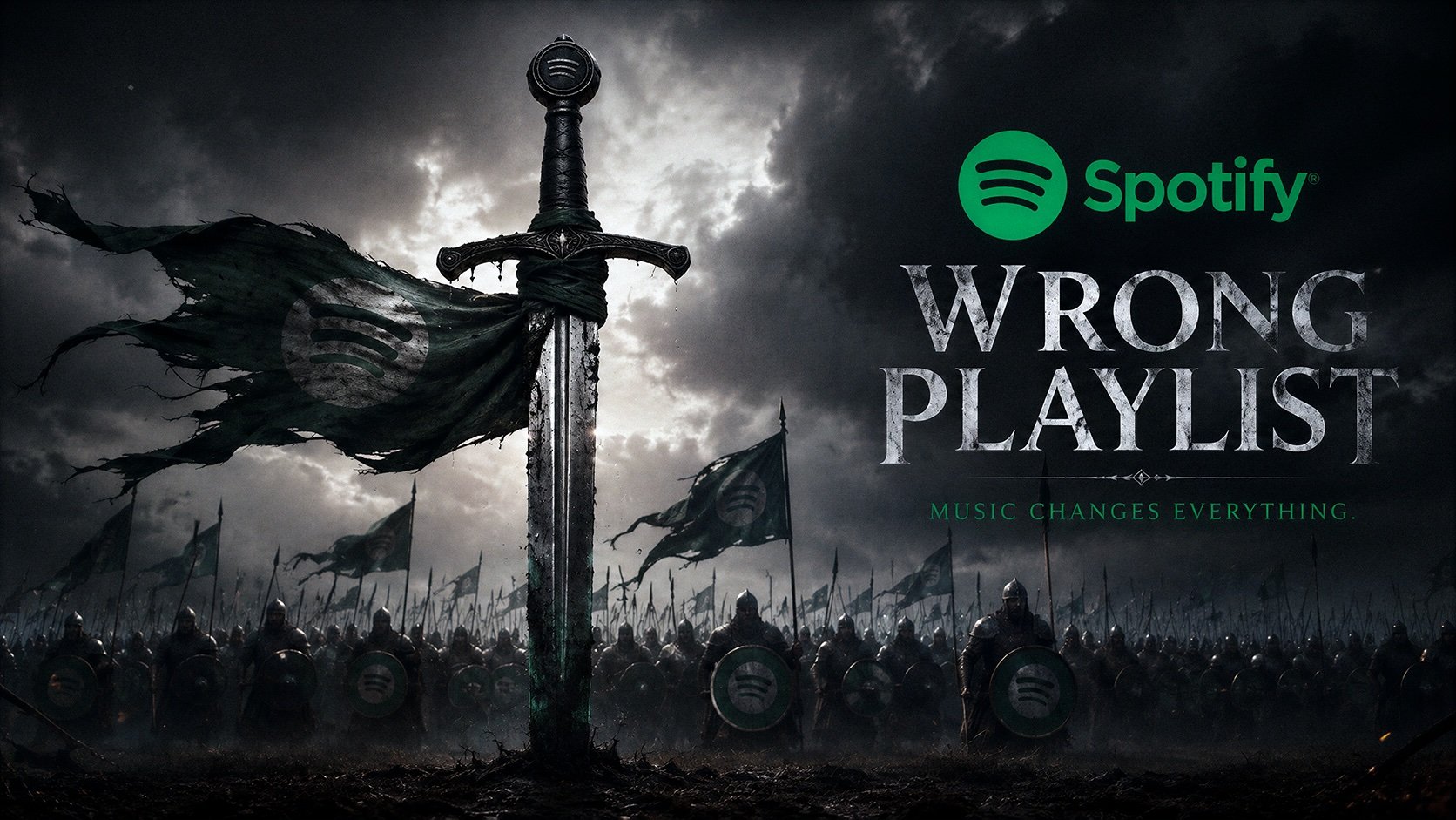 Dark illustration of a medieval battlefield with soldiers holding shields displaying the Spotify logo, under stormy skies and a large, tattered flag with the Spotify logo. Text overlay reads 'Spotify Wrong Playlist' with the slogan 'Music changes everything.'