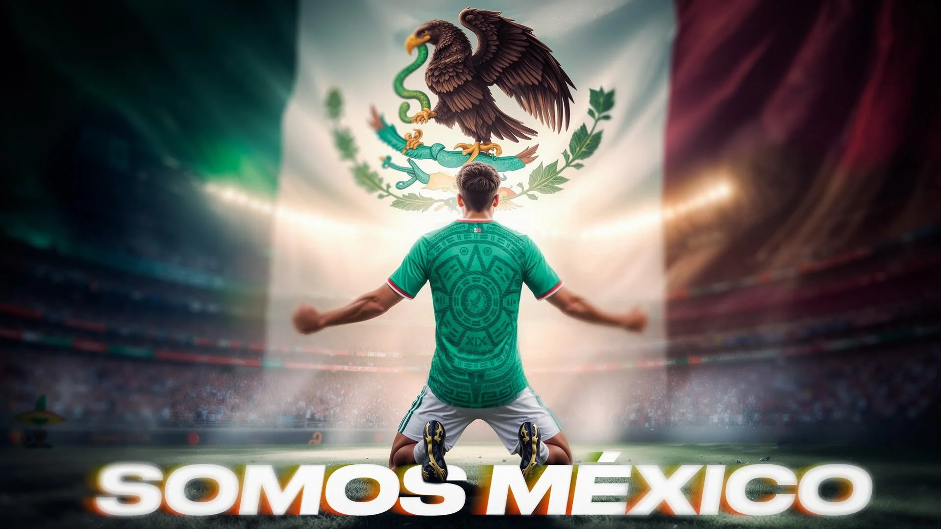 A man in a green Mexico soccer jersey kneeling on a soccer field with arms extended, facing the Mexican flag displayed in a stadium. The flag has an eagle with a snake in its beak, perched on a cactus, surrounded by green laurel leaves. The text "SOMOS MÉXICO" appears at the bottom of the image.