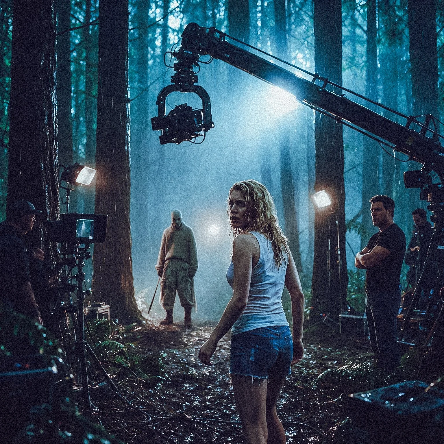 On a film set in a foggy forest, a woman with wet, curly blonde hair and wearing a soaked white tank top and denim shorts is in the foreground. Behind her, a tall figure dressed in a beige outfit and mask is holding a boom pole. Crew and equipment are visible around her, including lighting and cameras, with a large camera crane overhead.