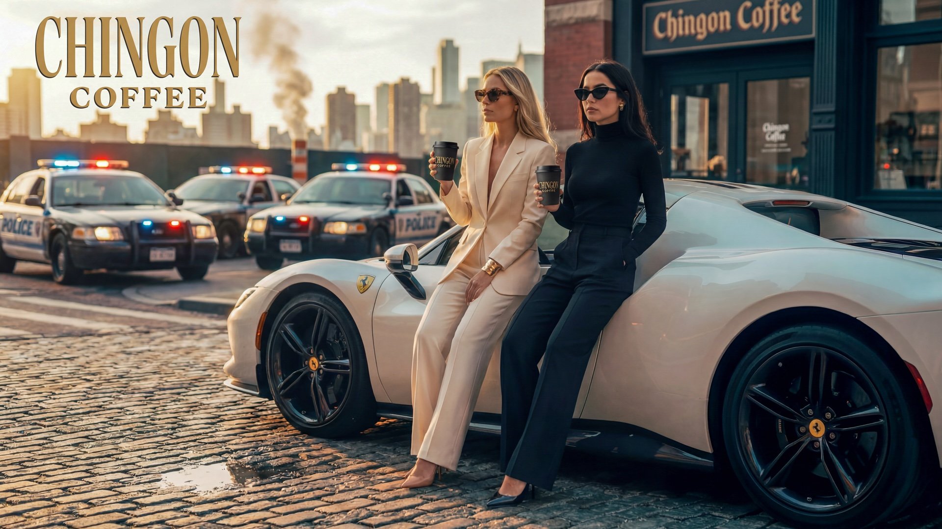 Two women in sunglasses and formal attire, one in a cream suit and the other in a black outfit, sit on a white sports car holding coffee cups in front of a coffee shop with police cars in the background during sunset.