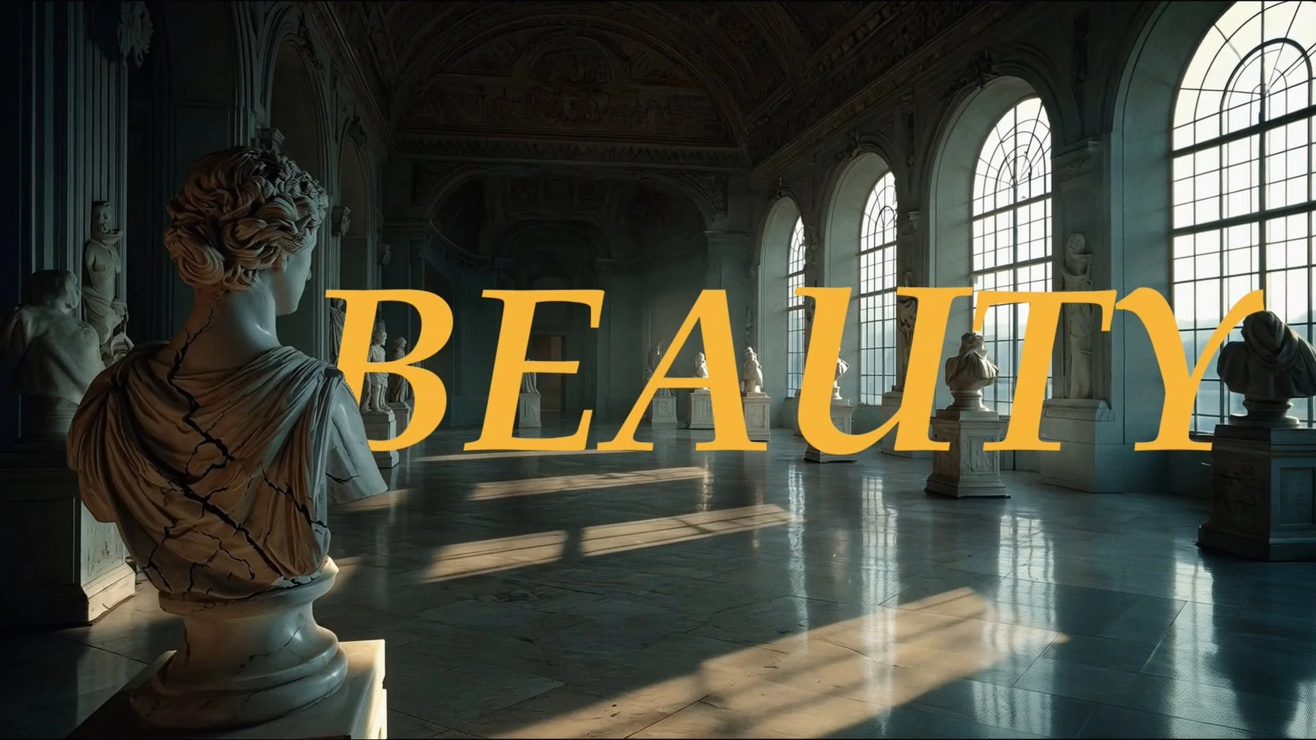 An art gallery with classical sculptures of busts and statues inside a large room with big arched windows. The word 'BEAUTY' is overlaid in large yellow letters.
