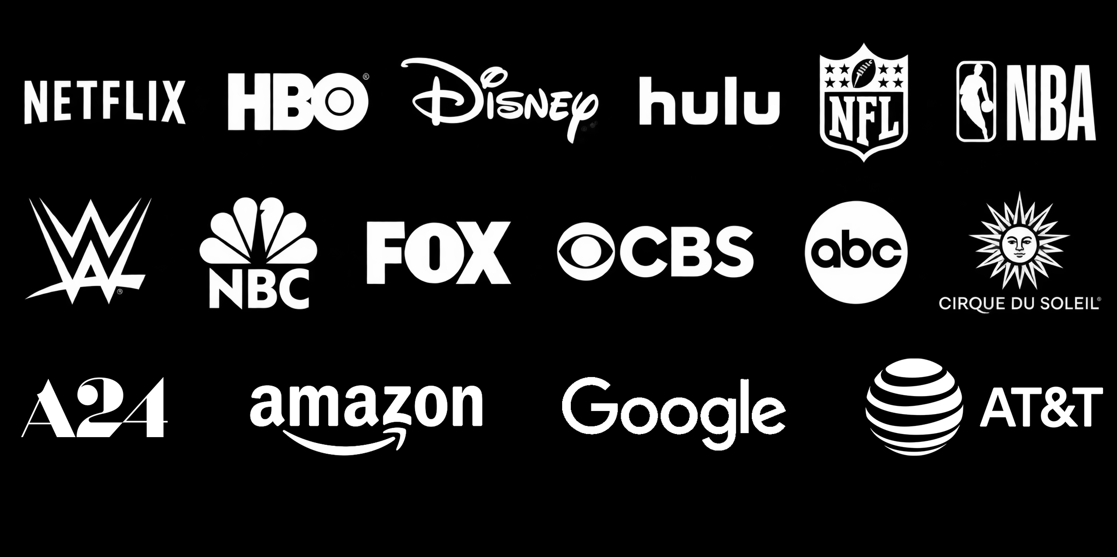 Collection of logos of streaming services, sports leagues, television networks, and brands including Netflix, HBO, Disney, Hulu, NFL, NBA, WWE, NBC, FOX, CBS, ABC, Cirque du Soleil, A24, Amazon, Google, AT&T.